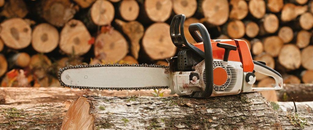 Kettensäge mit orange-weißem Gehäuse liegt auf einem Baumstamm vor einem Stapel geschnittener Holzscheite